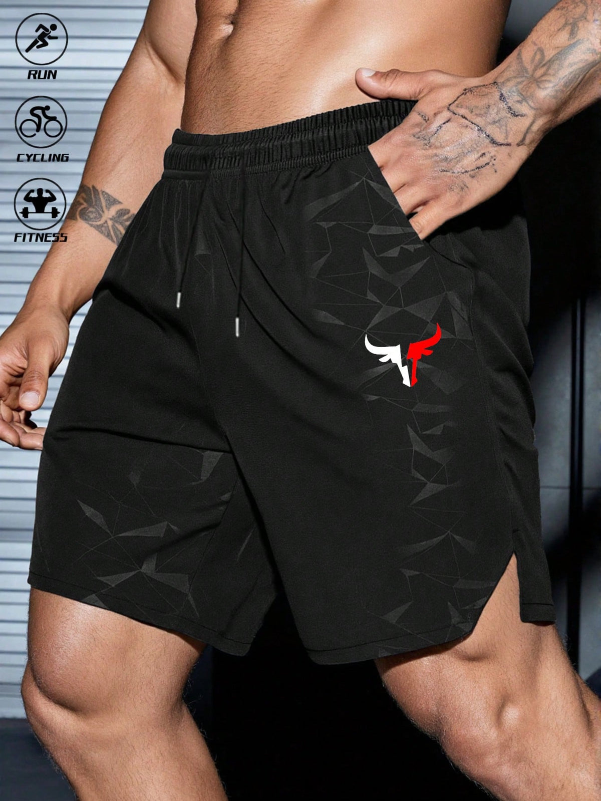 Gymbeat Men'S Elastic Waist Drawstring Pocket Split Ox Head Pattern Sports Shorts Running Shorts Athletic Shorts for Men Sports Shorts Workout, Gym