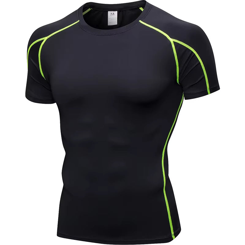 Elastic Men'S Sport Running Shirt Fitness Sports Training Shirt Quick Dry Shirt round Neck Body Building Uscle Sports Shirt
