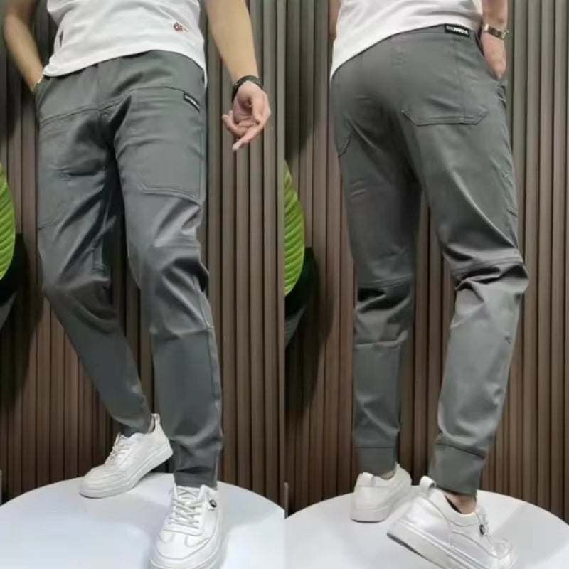 New Spring Summer Korean Baggy Mens High Stretch Multi-Pocket Skinny Cargo Pants Luxury Denim Work Wear Cargo Casual Jogger