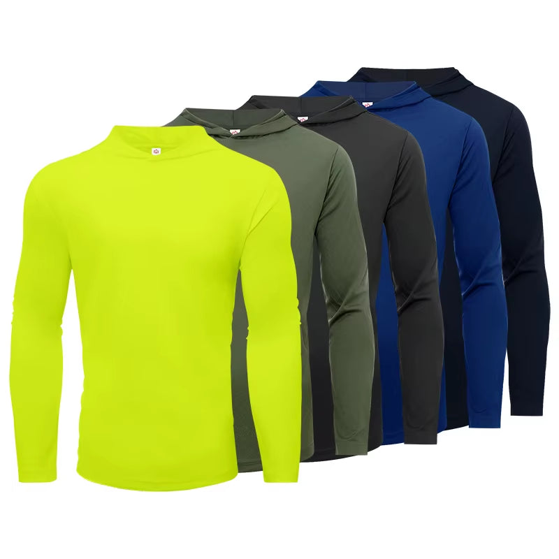 5Pcs Men'S T-Shirt Sports Long Sleeved Shirts Hooded Solid Color Breathable Casual Shirt Suitable for Running and Fitness