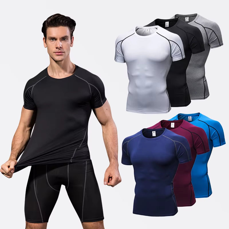 Elastic Men'S Sport Running Shirt Fitness Sports Training Shirt Quick Dry Shirt round Neck Body Building Uscle Sports Shirt