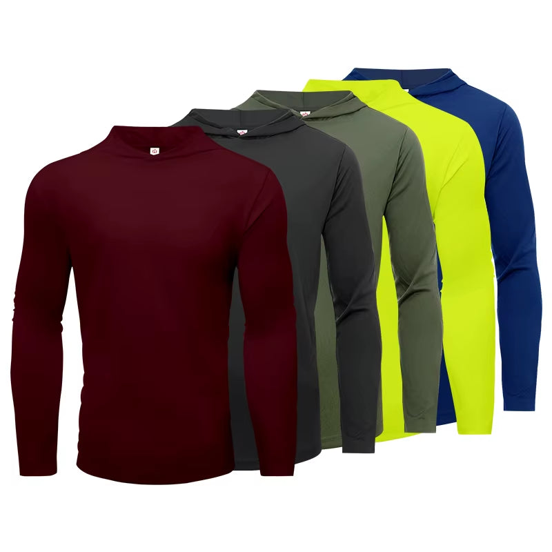 5Pcs Men'S T-Shirt Sports Long Sleeved Shirts Hooded Solid Color Breathable Casual Shirt Suitable for Running and Fitness